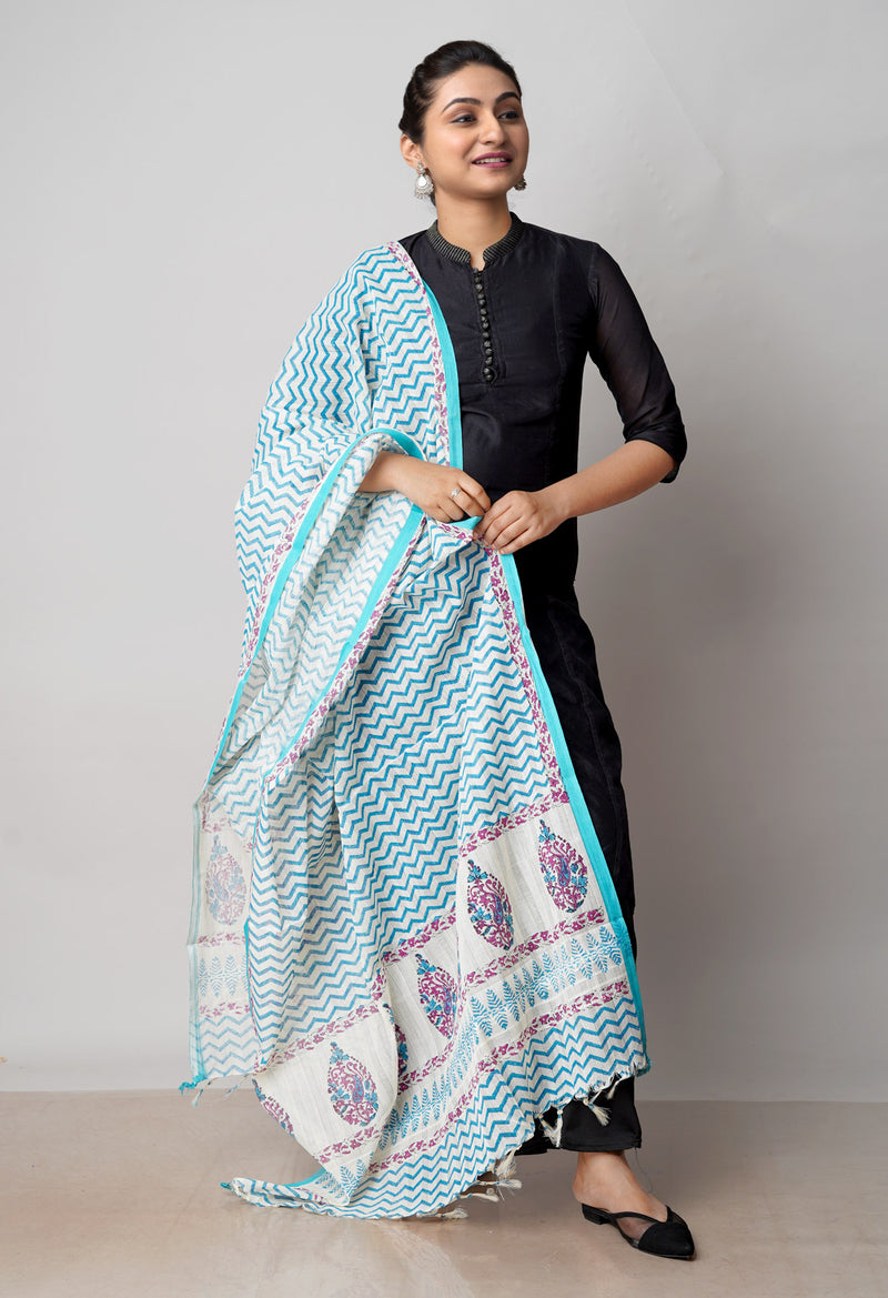 Cream Pure South Hand Block printed Cotton Dupatta–UDS4813