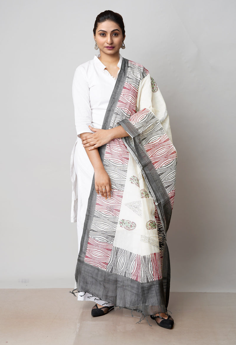 Cream Pure South Hand Block printed Cotton Dupatta–UDS4819