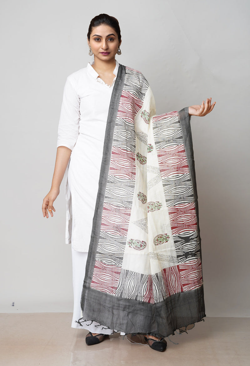 Cream Pure South Hand Block printed Cotton Dupatta–UDS4819