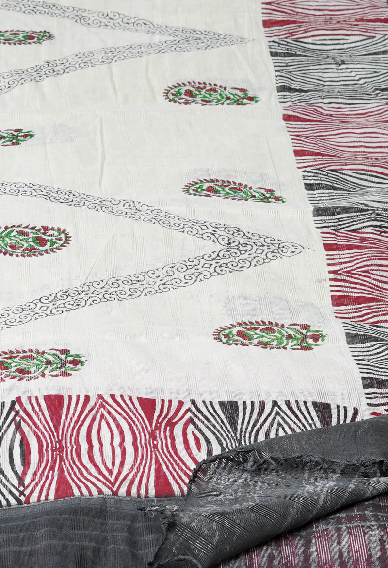 Cream Pure South Hand Block printed Cotton Dupatta–UDS4819