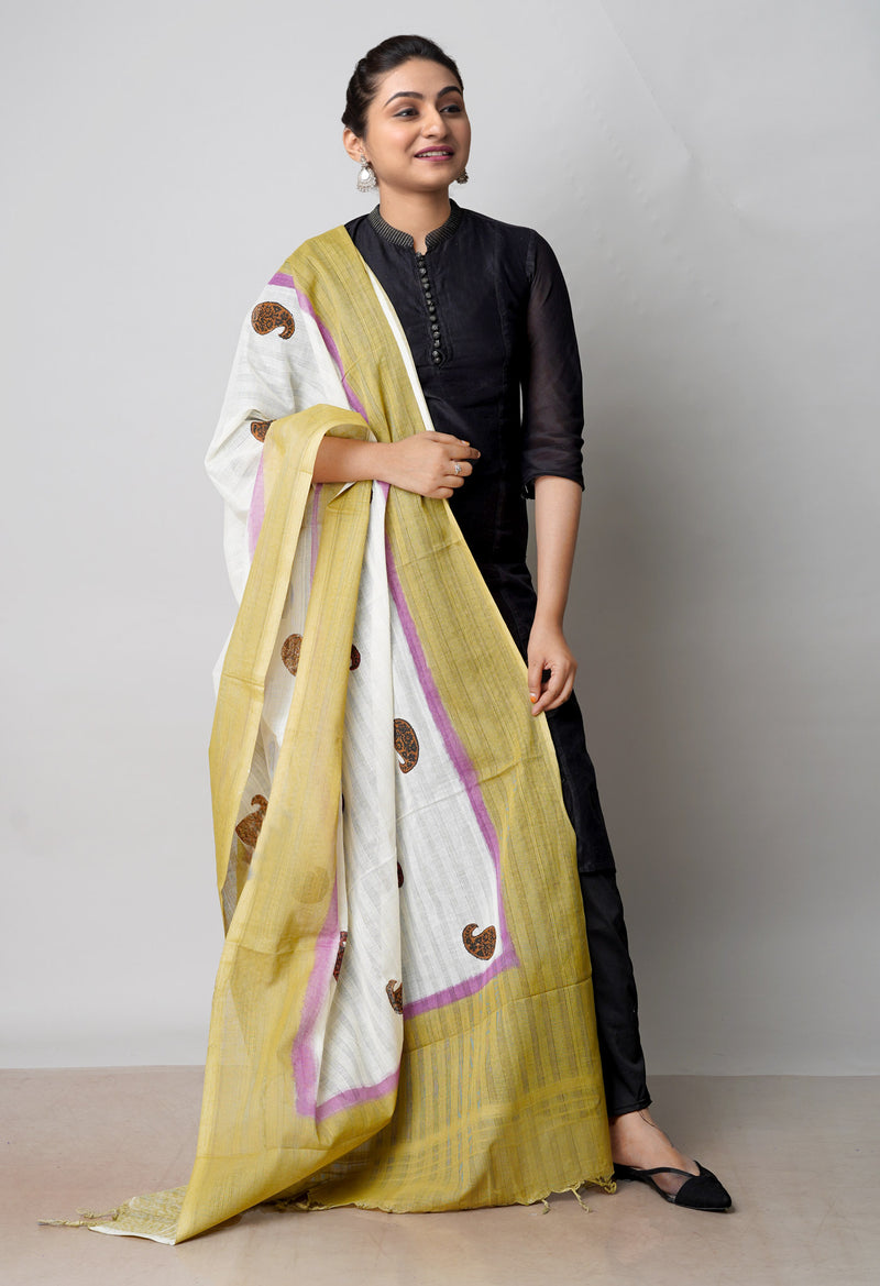 Cream Pure South Hand Block printed Cotton Dupatta–UDS4820