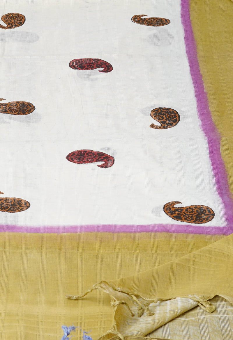 Cream Pure South Hand Block printed Cotton Dupatta–UDS4820