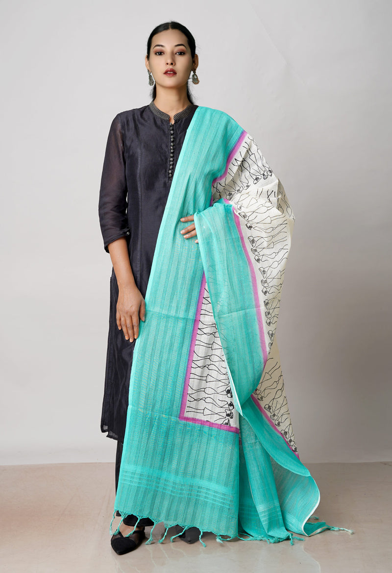 Cream Pure South Hand Block printed Cotton Dupatta–UDS4821