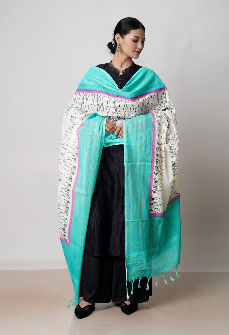 Cream Pure South Hand Block printed Cotton Dupatta–UDS4821