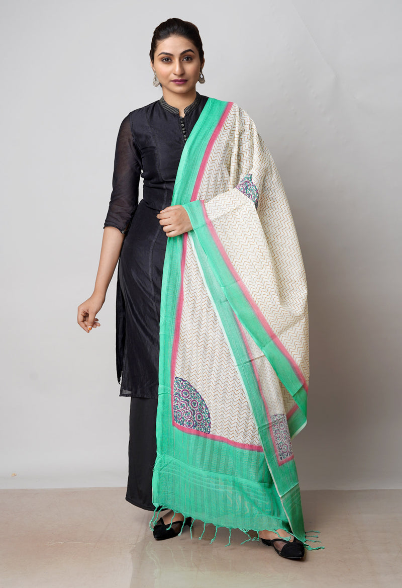 Cream Pure South Hand Block printed Cotton Dupatta–UDS4823