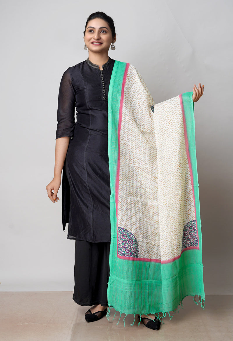 Cream Pure South Hand Block printed Cotton Dupatta–UDS4823