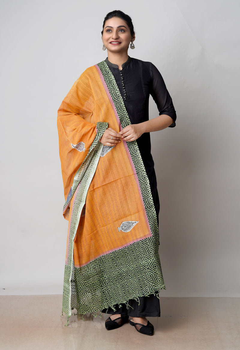 Mustard Yellow Pure South Hand Block printed Cotton Dupatta–UDS4824