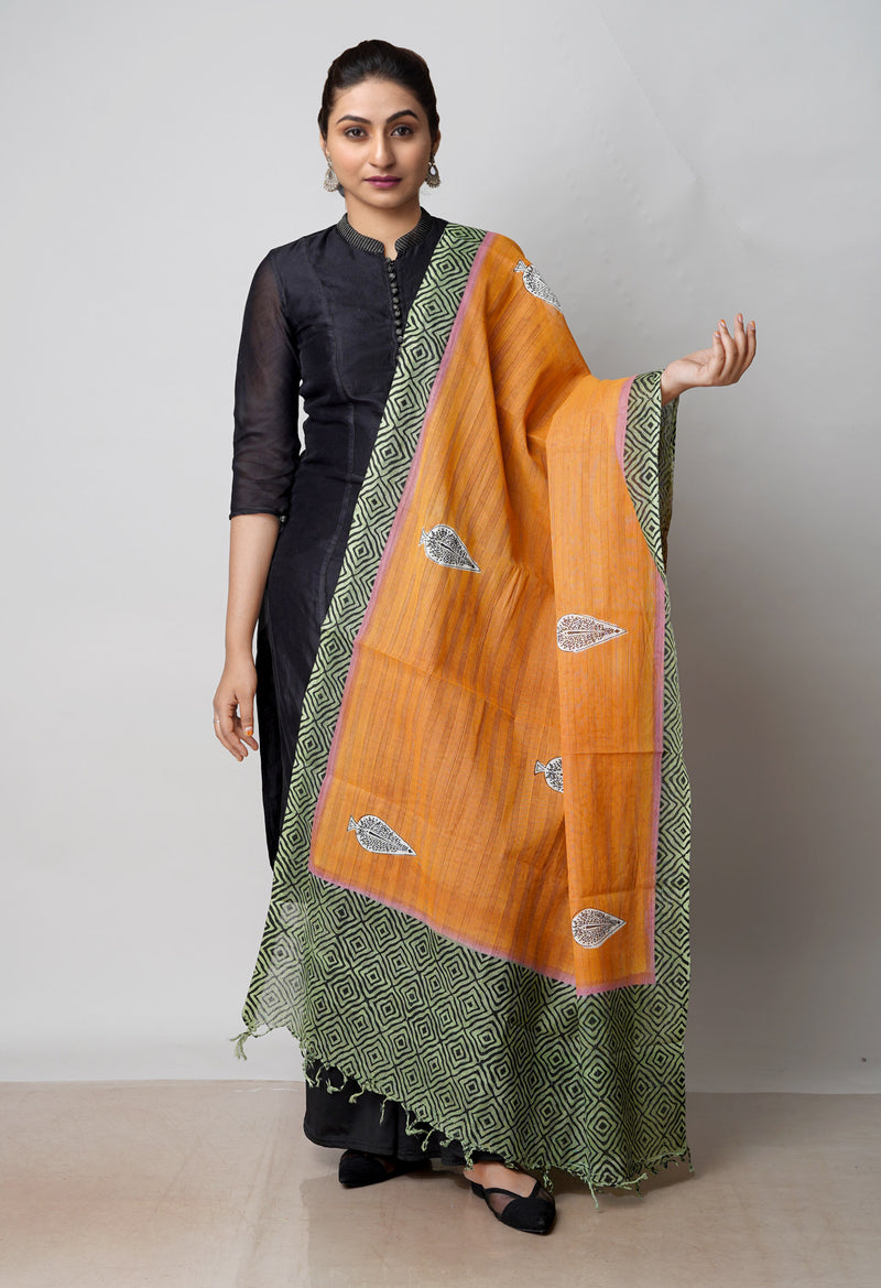 Mustard Yellow Pure South Hand Block printed Cotton Dupatta–UDS4824