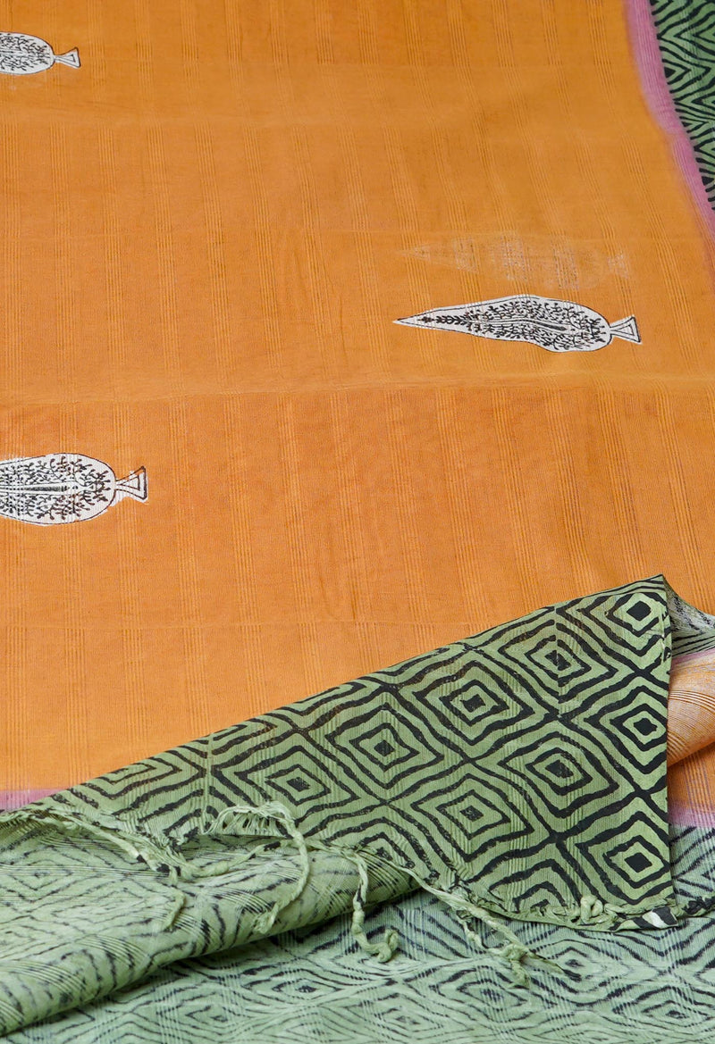 Mustard Yellow Pure South Hand Block printed Cotton Dupatta–UDS4824