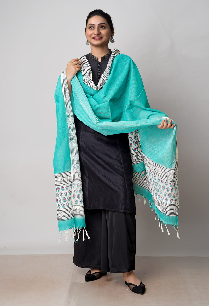 Green Pure South Hand Block printed Cotton Dupatta–UDS4826