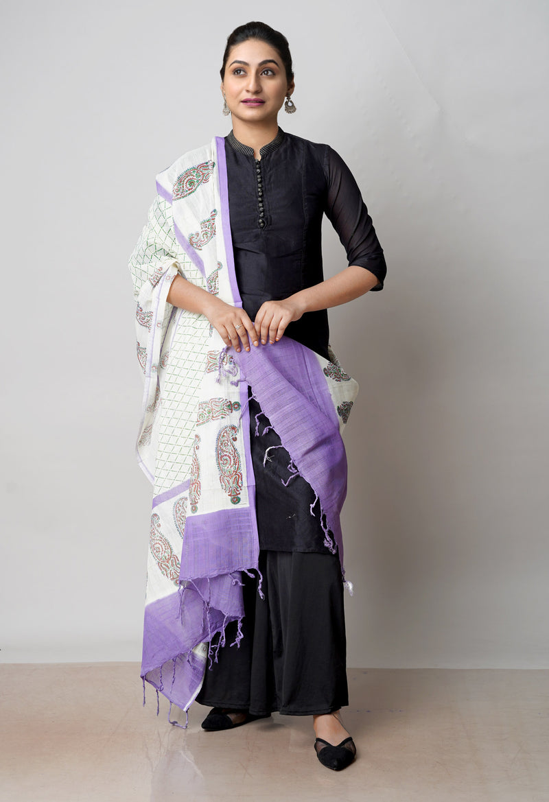 Cream Pure South Hand Block printed Cotton Dupatta–UDS4827