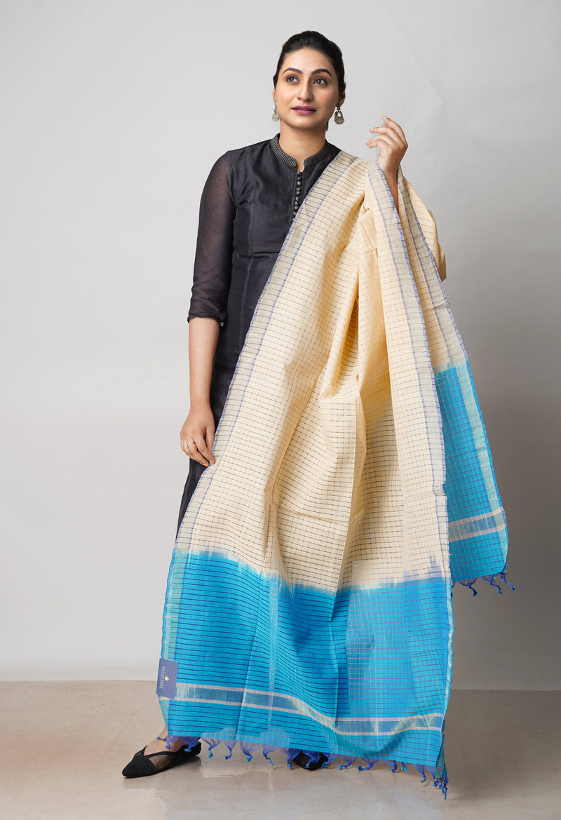 Cream-Blue Pure Plain Mangalgiri Cotton Dupatta–UDS4875