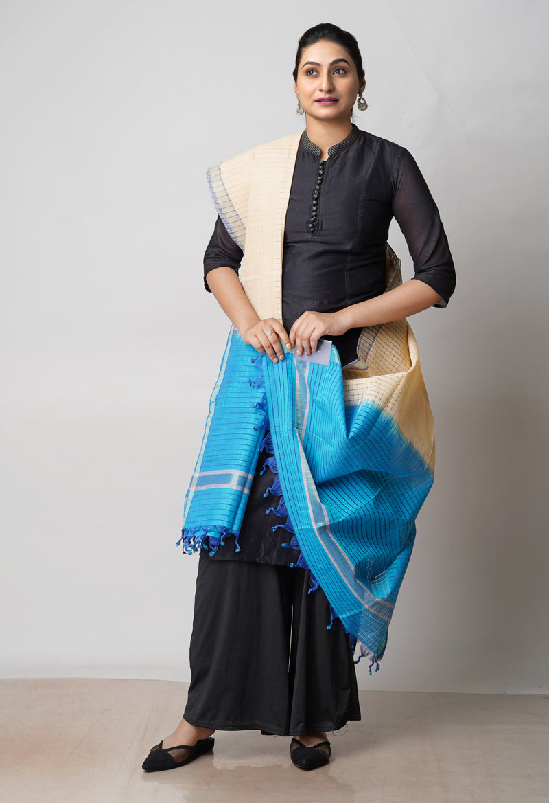 Cream-Blue Pure Plain Mangalgiri Cotton Dupatta–UDS4875