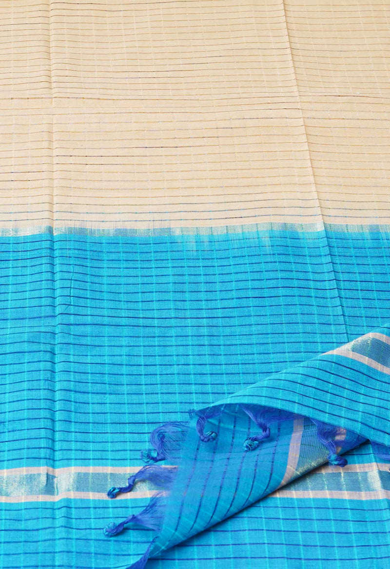 Cream-Blue Pure Plain Mangalgiri Cotton Dupatta–UDS4875