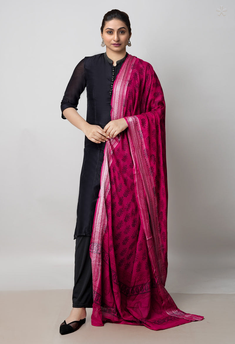 Rosewood-Red Pure Bagh printed Cotton dupatta with Weaving Border–UDS4985
