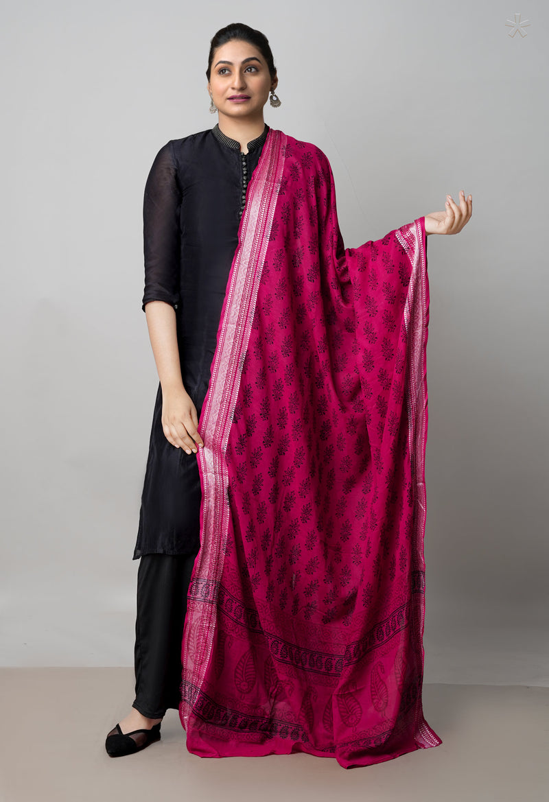 Rosewood-Red Pure Bagh printed Cotton dupatta with Weaving Border–UDS4985