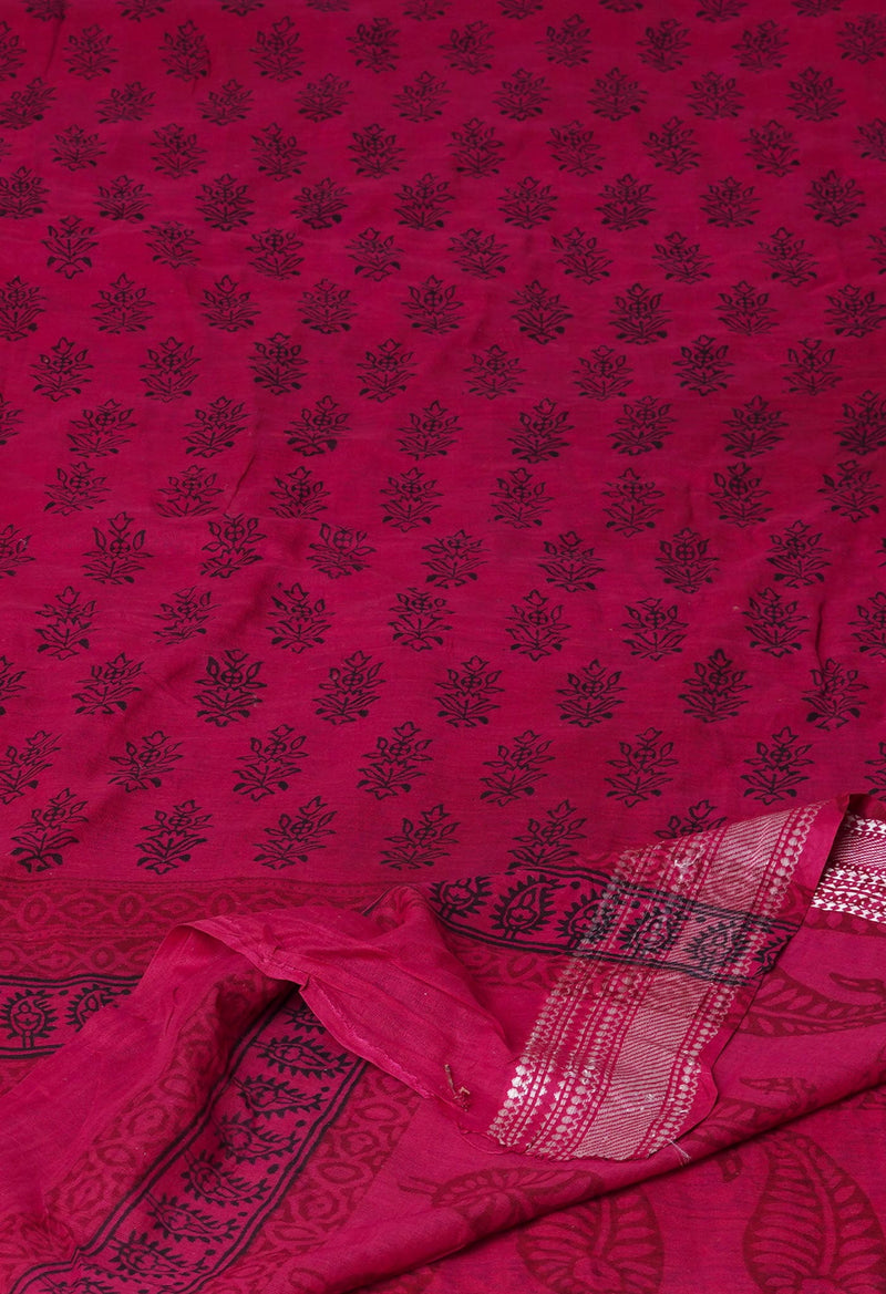 Rosewood-Red Pure Bagh printed Cotton dupatta with Weaving Border–UDS4985