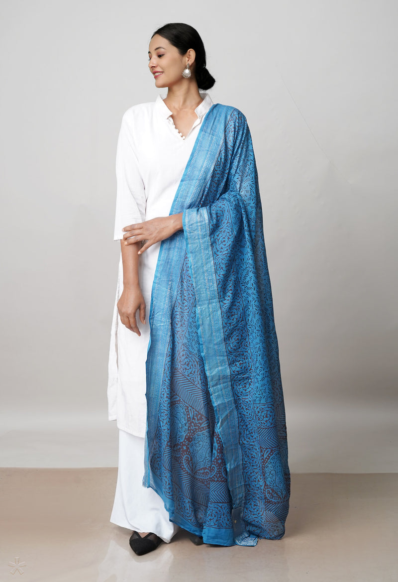 Blue Pure Bagh printed Cotton dupatta with Weaving Border–UDS4986