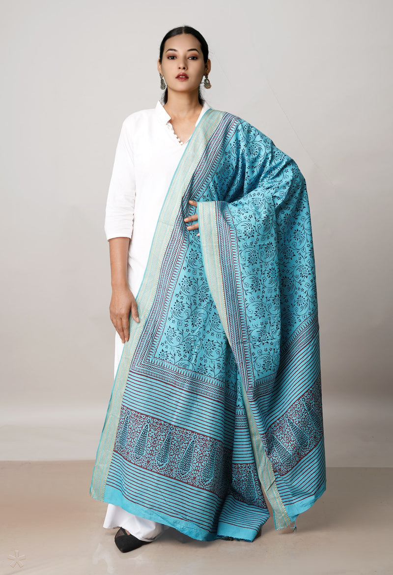 Sky Blue Pure Bagh printed Cotton dupatta with Weaving Border–UDS4987