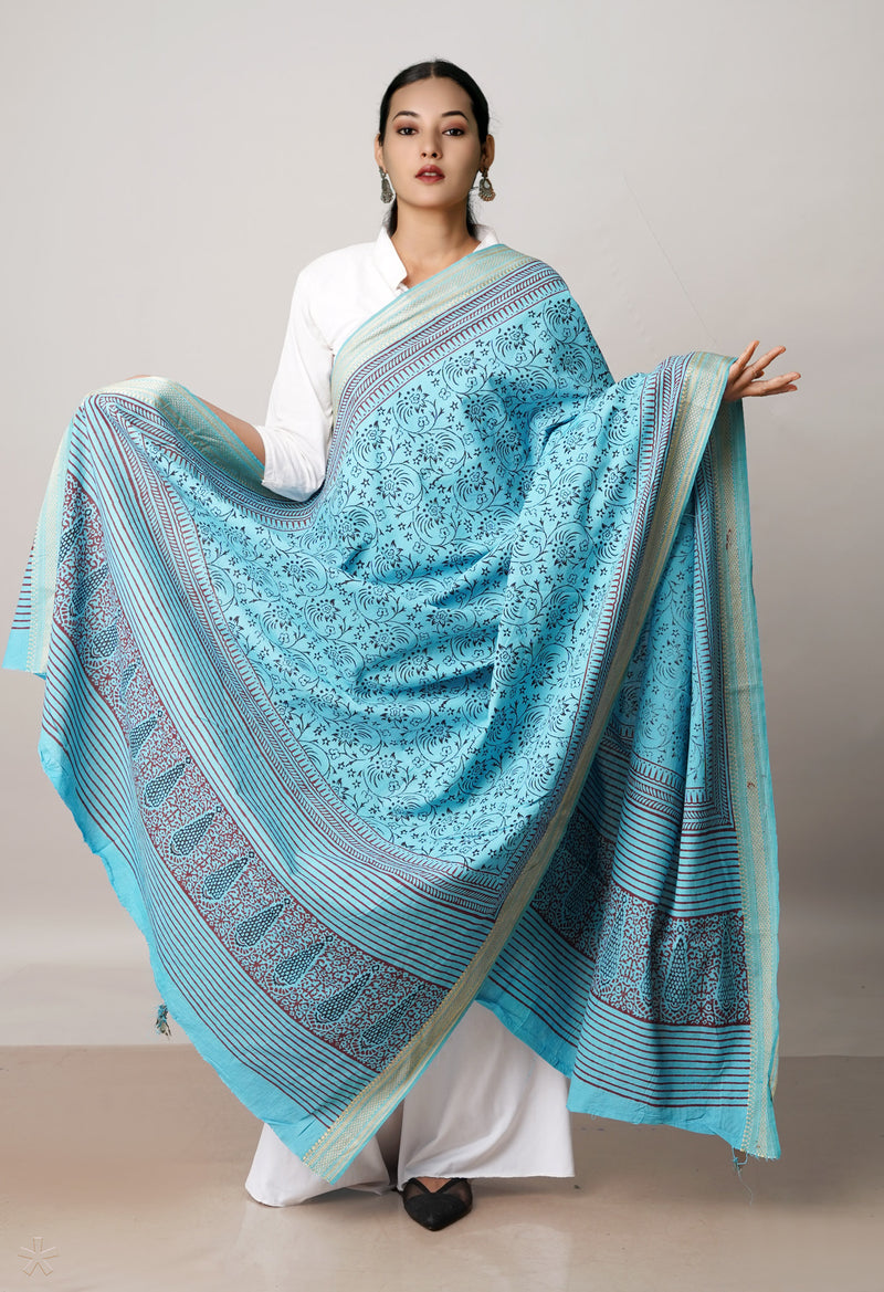 Sky Blue Pure Bagh printed Cotton dupatta with Weaving Border–UDS4987