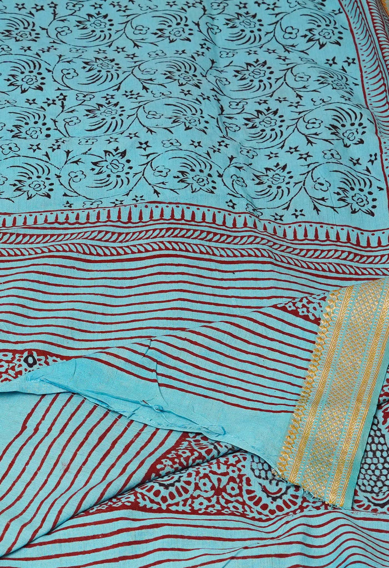 Sky Blue Pure Bagh printed Cotton dupatta with Weaving Border–UDS4987