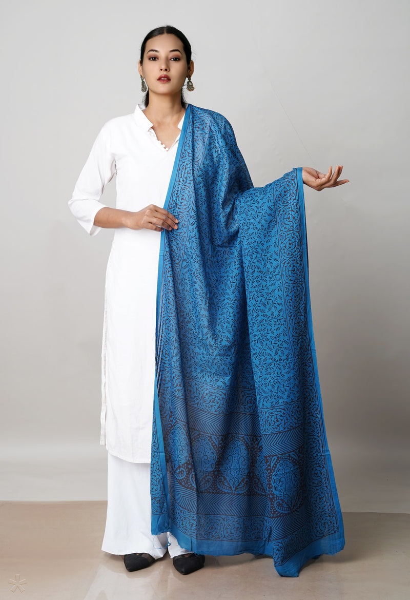 Blue Kota Checks Bagh Printed Dupatta–UDS5001