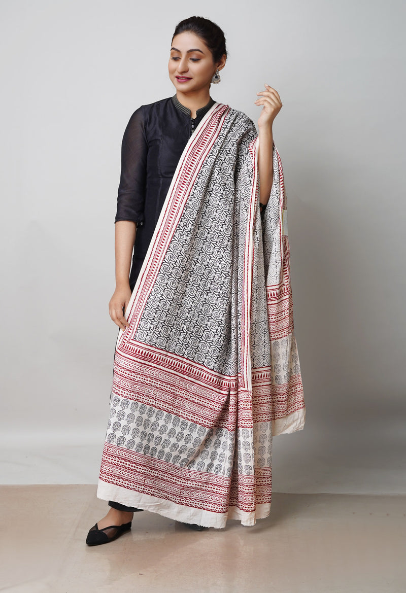 Half White Pure Superfine Mulmul Cotton Bagh Printed Dupatta –UDS5016