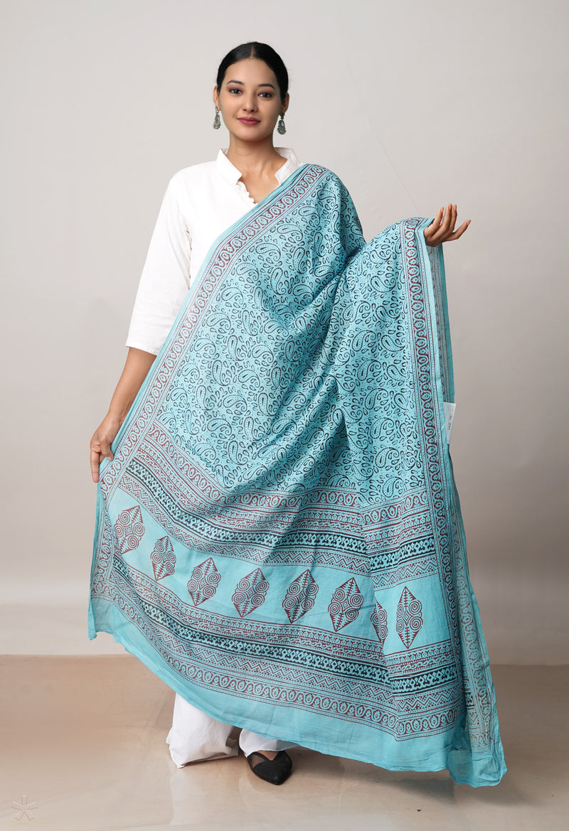 Sky Blue Pure Superfine Mulmul Cotton Bagh Printed Dupatta –UDS5017