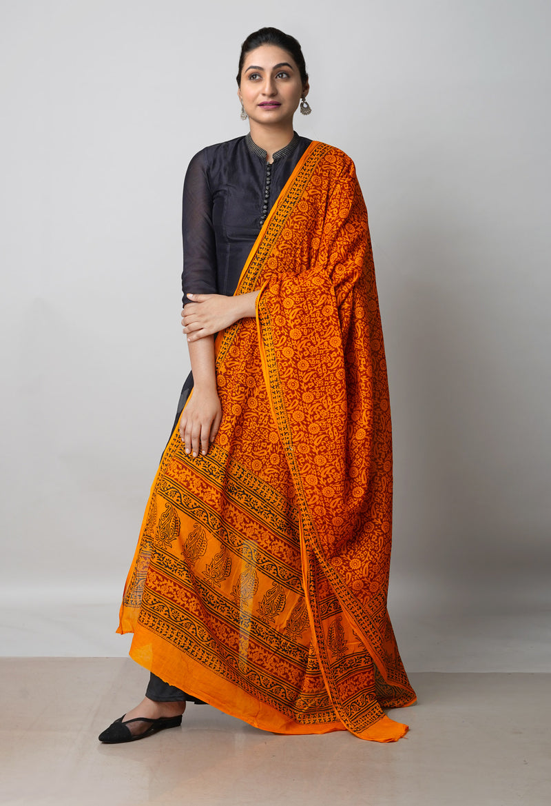 Orange Pure Superfine Mulmul Cotton Bagh Printed Dupatta –UDS5023