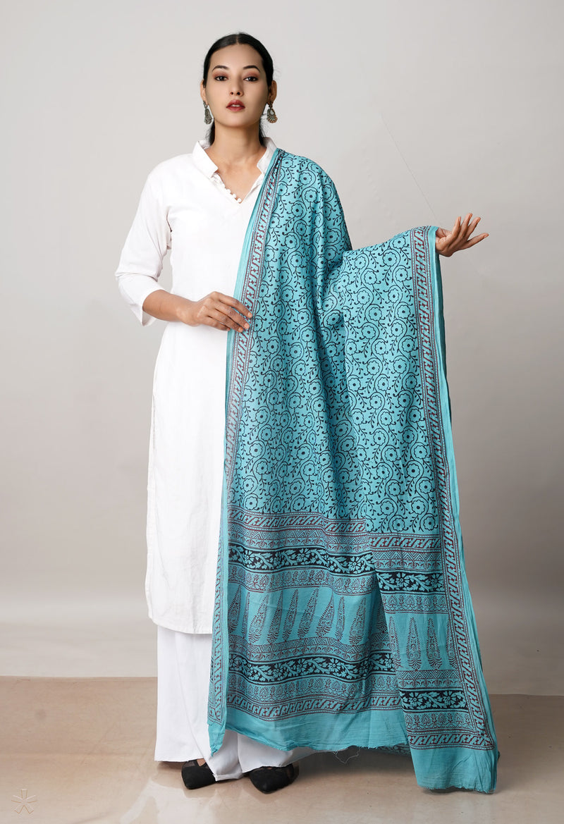 Sky Blue Pure Superfine Mulmul Cotton Bagh Printed Dupatta –UDS5025