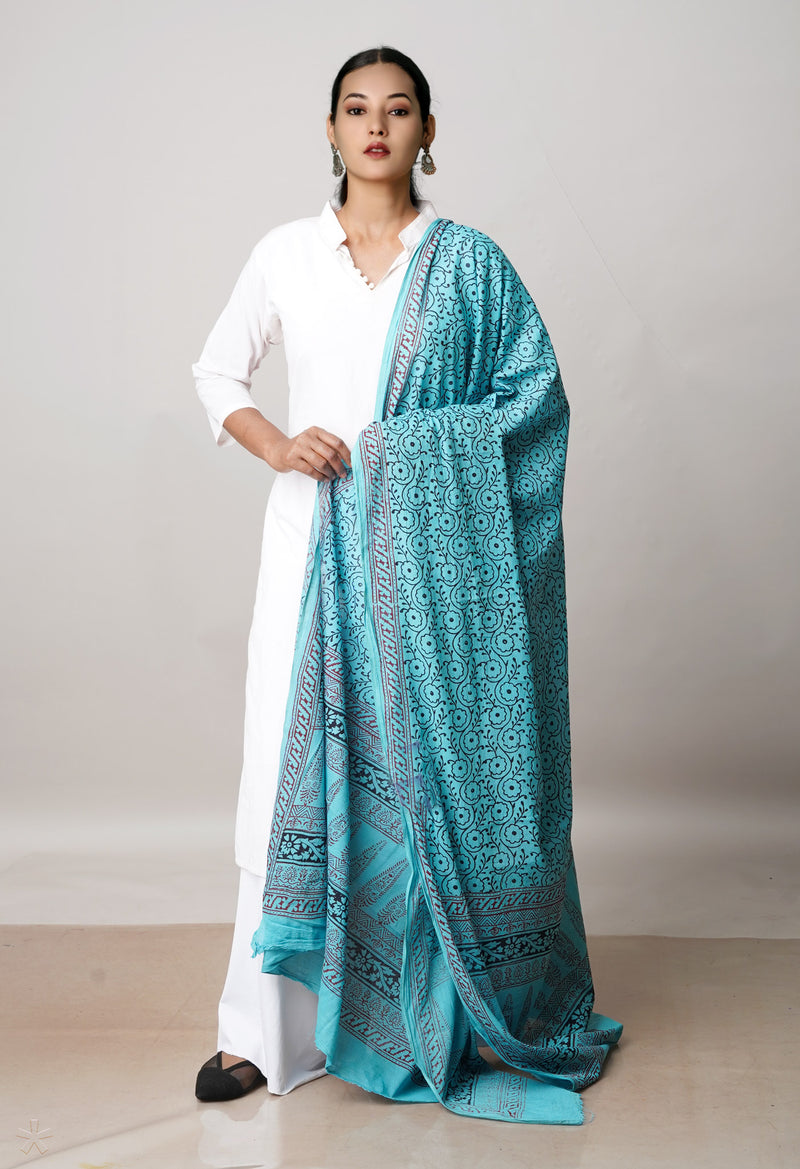 Sky Blue Pure Superfine Mulmul Cotton Bagh Printed Dupatta –UDS5025