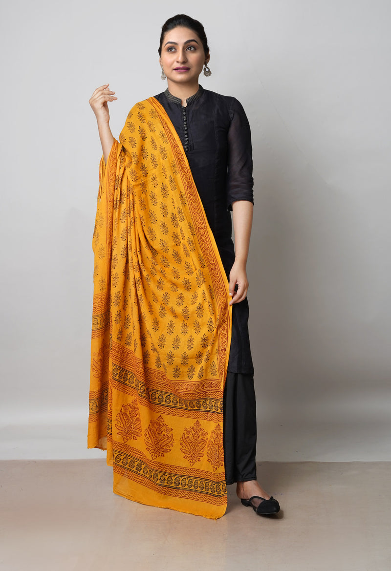 Mustard Yellow Pure Superfine Mulmul Cotton Bagh Printed Dupatta –UDS5026