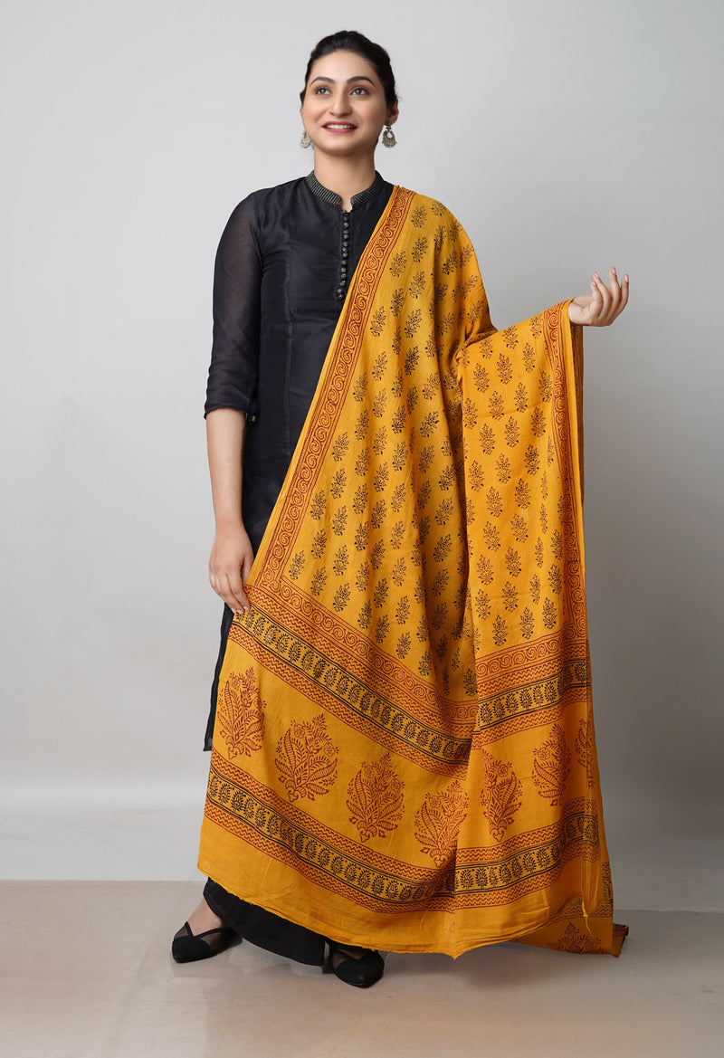 Mustard Yellow Pure Superfine Mulmul Cotton Bagh Printed Dupatta –UDS5026