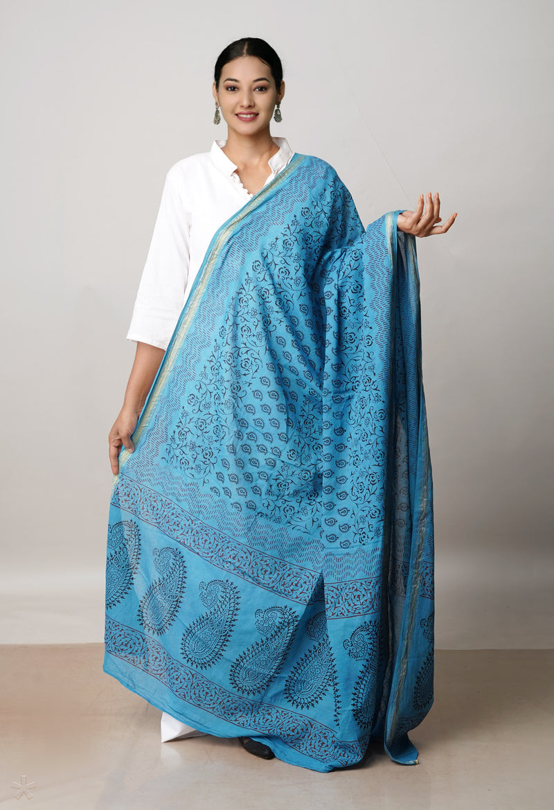 Blue Pure Cotton Bagh Printed Zari Piping Dupatta –UDS5038