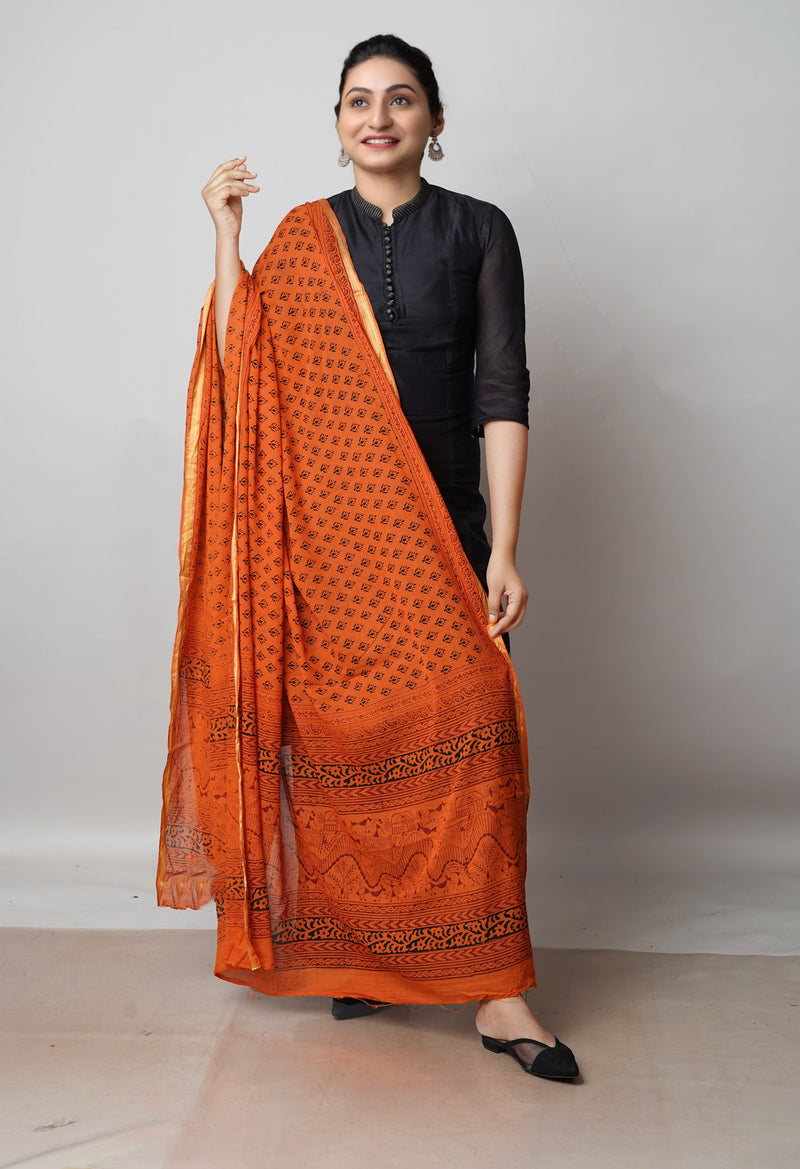 Rust Orange Pure Cotton Bagh Printed Zari Piping Dupatta –UDS5039