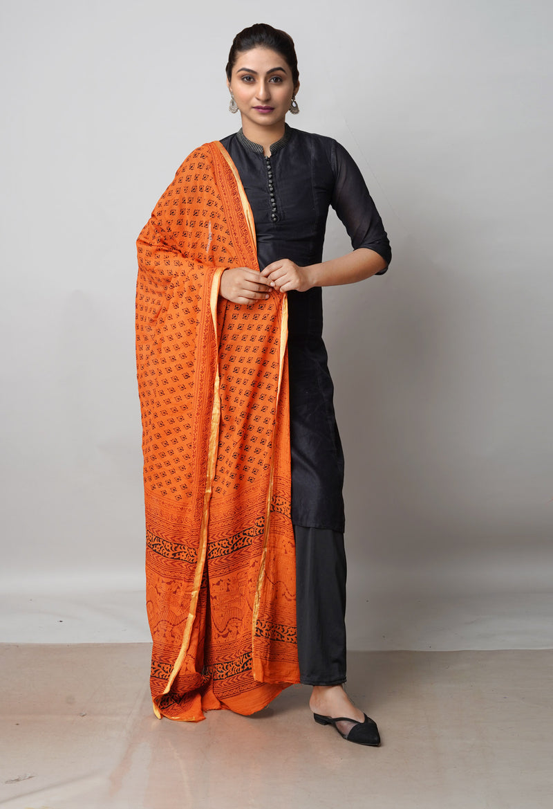 Rust Orange Pure Cotton Bagh Printed Zari Piping Dupatta –UDS5039