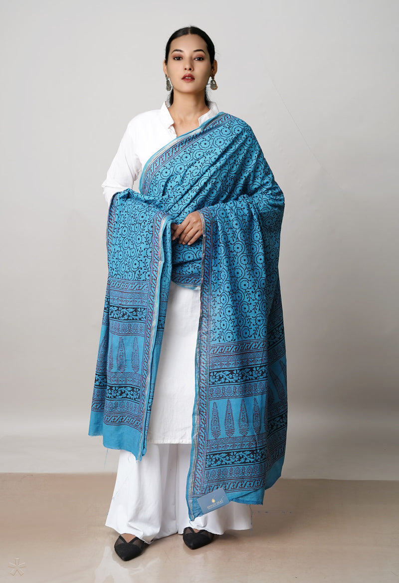 Blue Pure Cotton Bagh Printed Zari Piping Dupatta –UDS5040