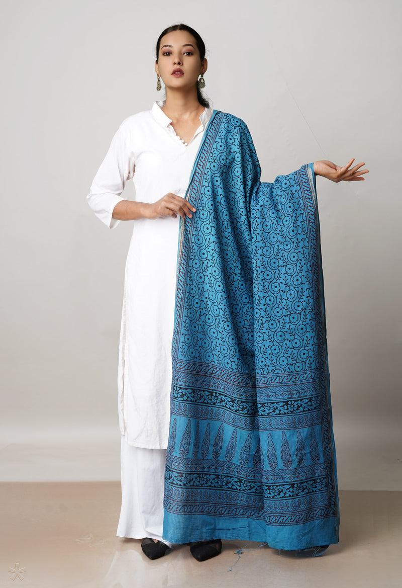 Blue Pure Cotton Bagh Printed Zari Piping Dupatta –UDS5040