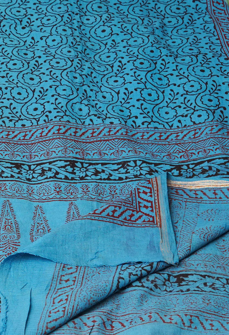 Blue Pure Cotton Bagh Printed Zari Piping Dupatta –UDS5040
