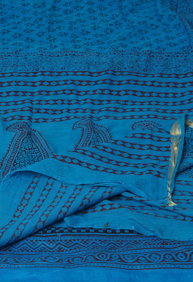 Blue Pure Cotton Bagh Printed Zari Piping Dupatta –UDS5046