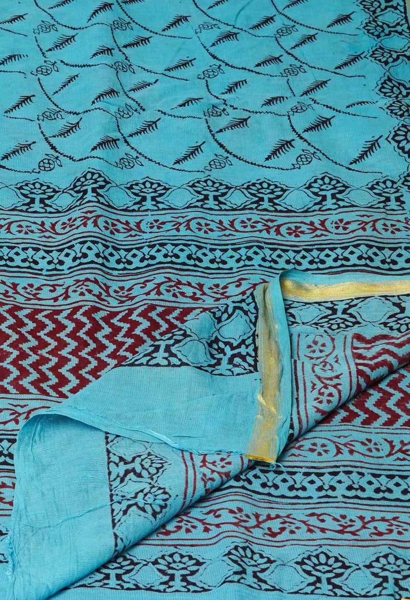 Sky Blue Pure Cotton Bagh Printed Zari Piping Dupatta –UDS5050