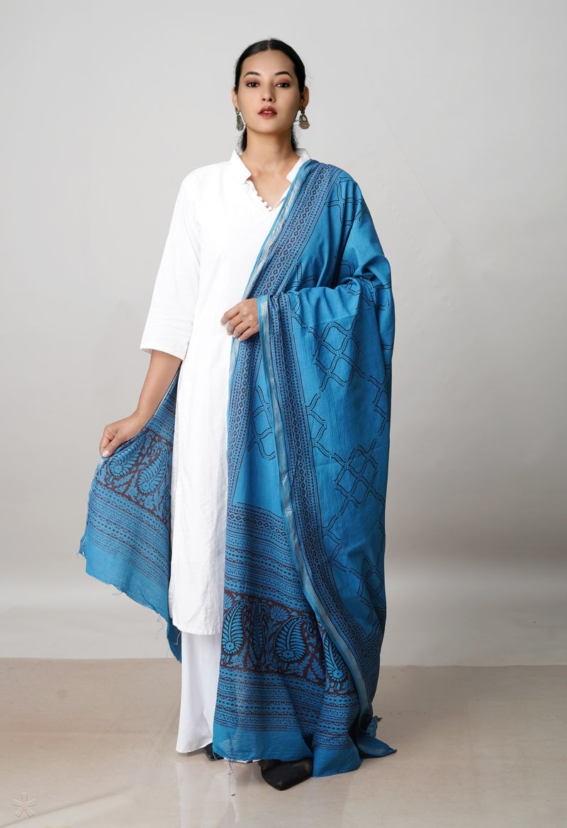 Blue Pure Cotton Bagh Printed Zari Piping Dupatta –UDS5052