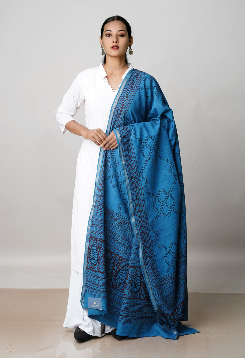 Blue Pure Cotton Bagh Printed Zari Piping Dupatta –UDS5052