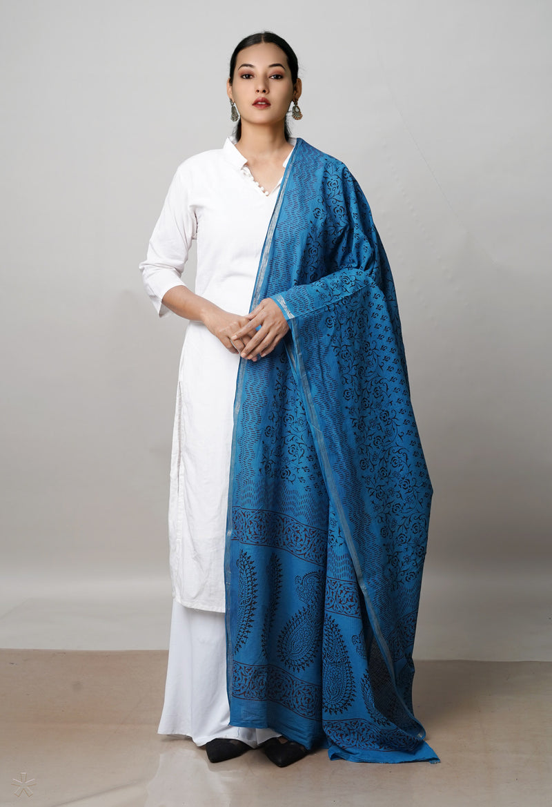 Blue Pure Cotton Bagh Printed Zari Piping Dupatta –UDS5061