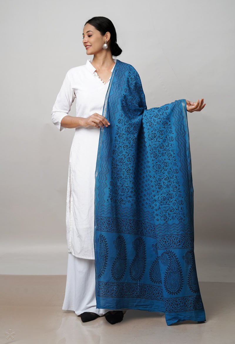 Blue Pure Cotton Bagh Printed Zari Piping Dupatta –UDS5061
