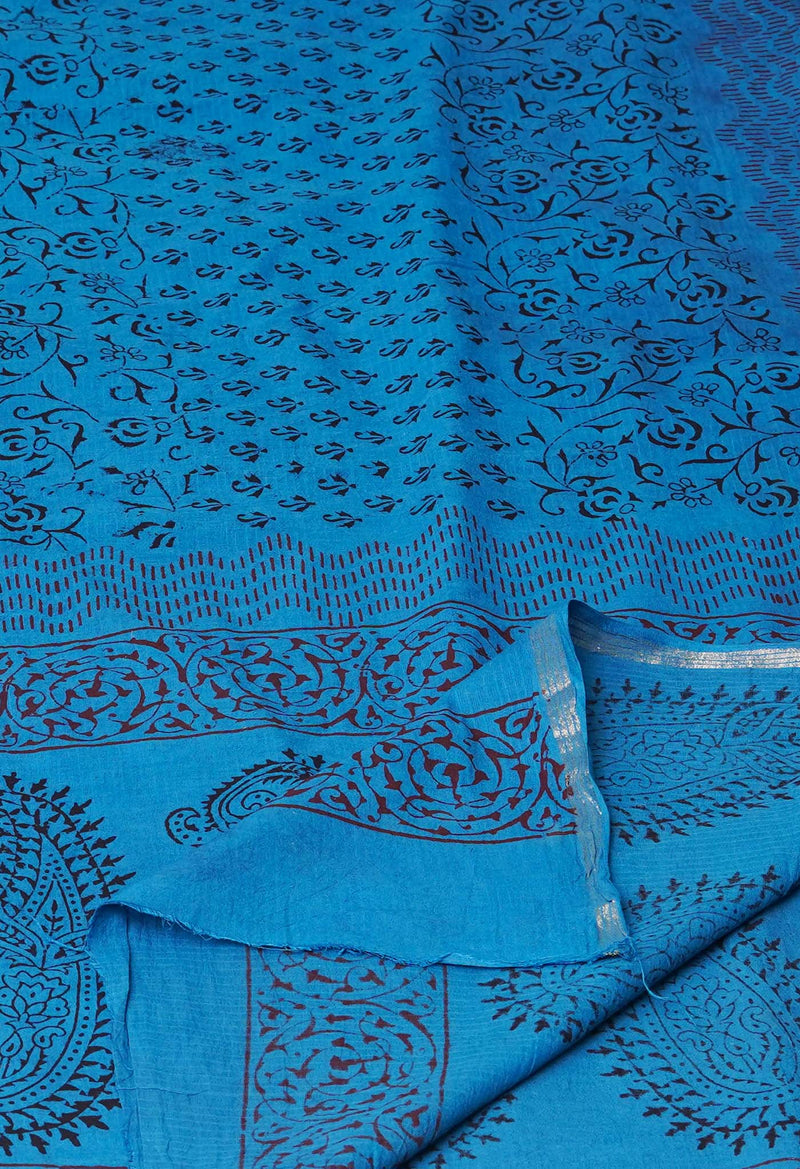 Blue Pure Cotton Bagh Printed Zari Piping Dupatta –UDS5061
