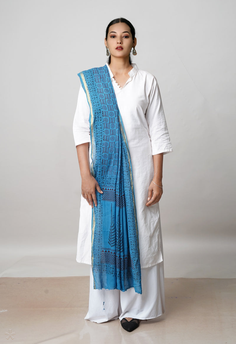 Blue Pure Cotton Bagh Printed Zari Piping Dupatta –UDS5062