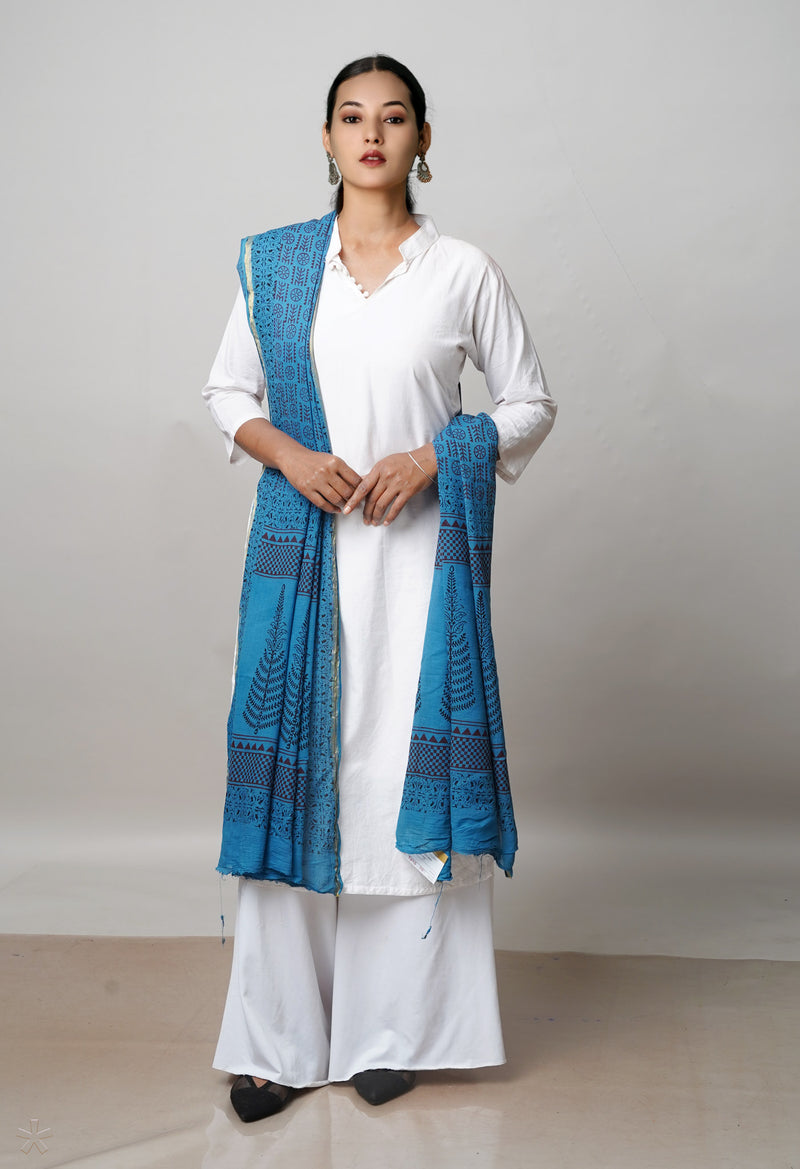 Blue Pure Cotton Bagh Printed Zari Piping Dupatta –UDS5062
