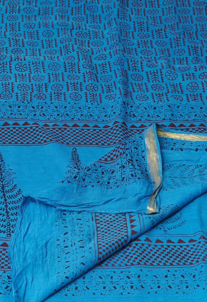 Blue Pure Cotton Bagh Printed Zari Piping Dupatta –UDS5062