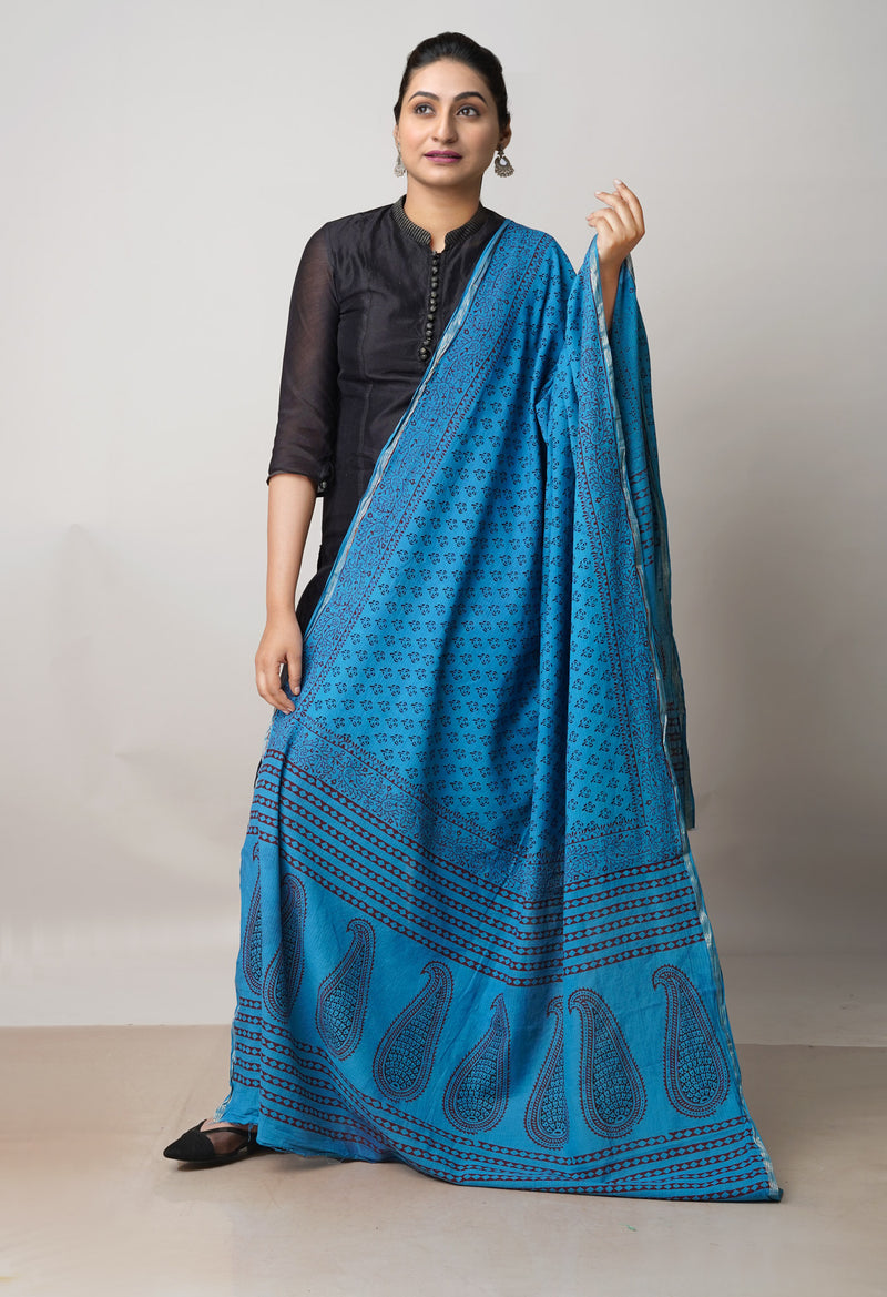 Blue Pure Cotton Bagh Printed Zari Piping Dupatta –UDS5063
